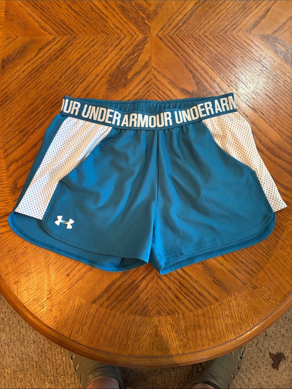 Under Armour Teal Blue Women's Athletic Shorts with White Mesh Panels